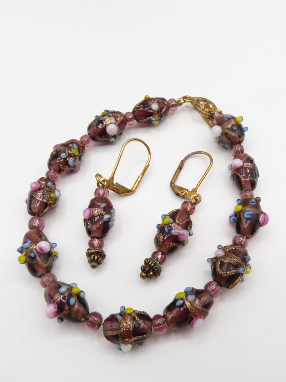 Vintage Lampwork Wedding Cake Beaded Bracelet Earrings Set